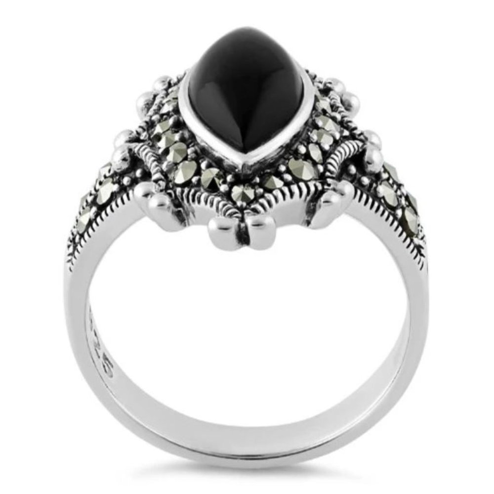 925 STERLING SILVER Marquise Black Onyx & Marcasite Ring - Picture 16 of 16